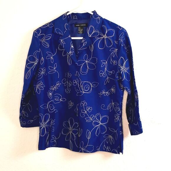 Anne Carson Blue Silk Embroidered Blouse - Picture 1 of 4